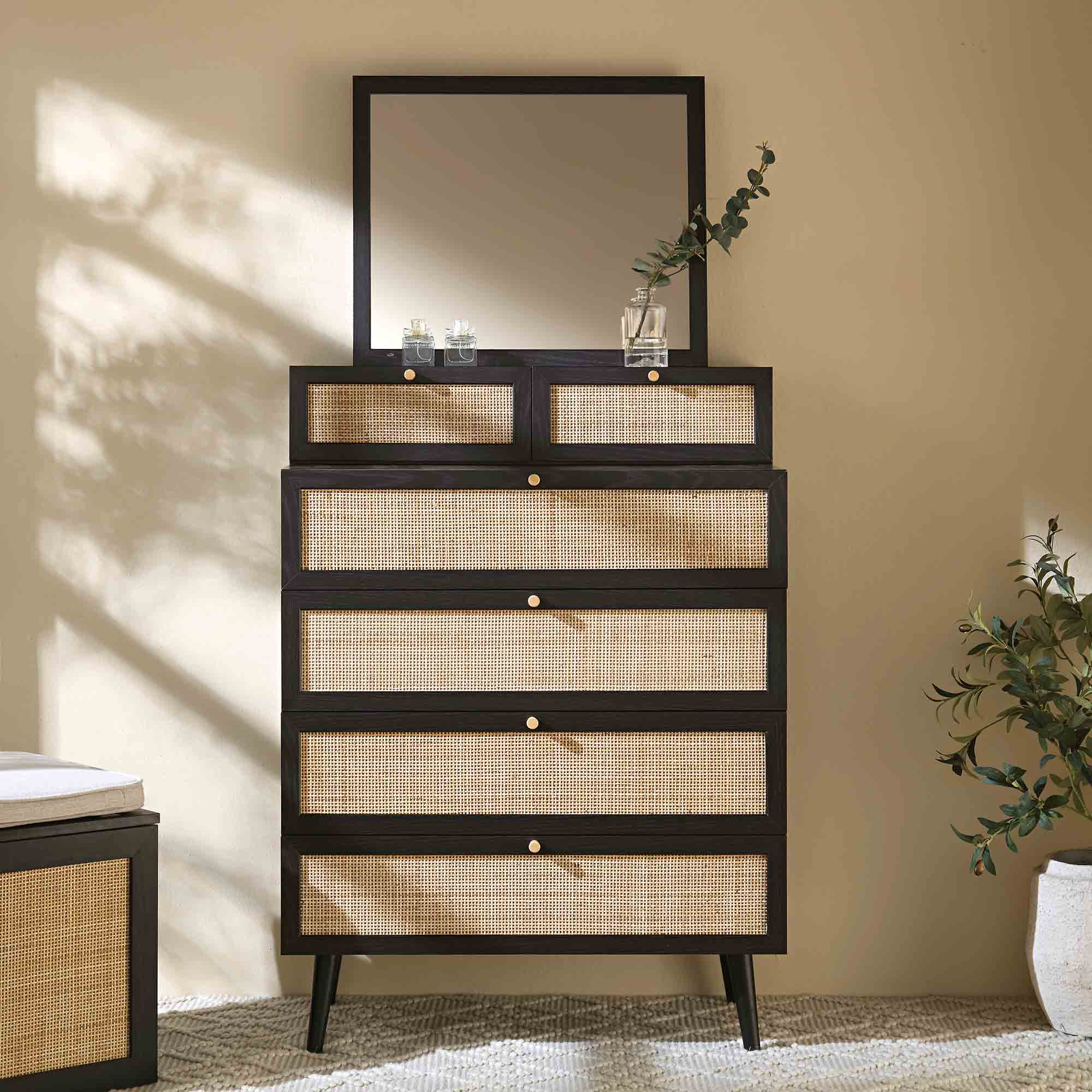Vanity Bench Rattan Frances Woven Rattan Tall Vanity Chest with Mirror, Black | daals