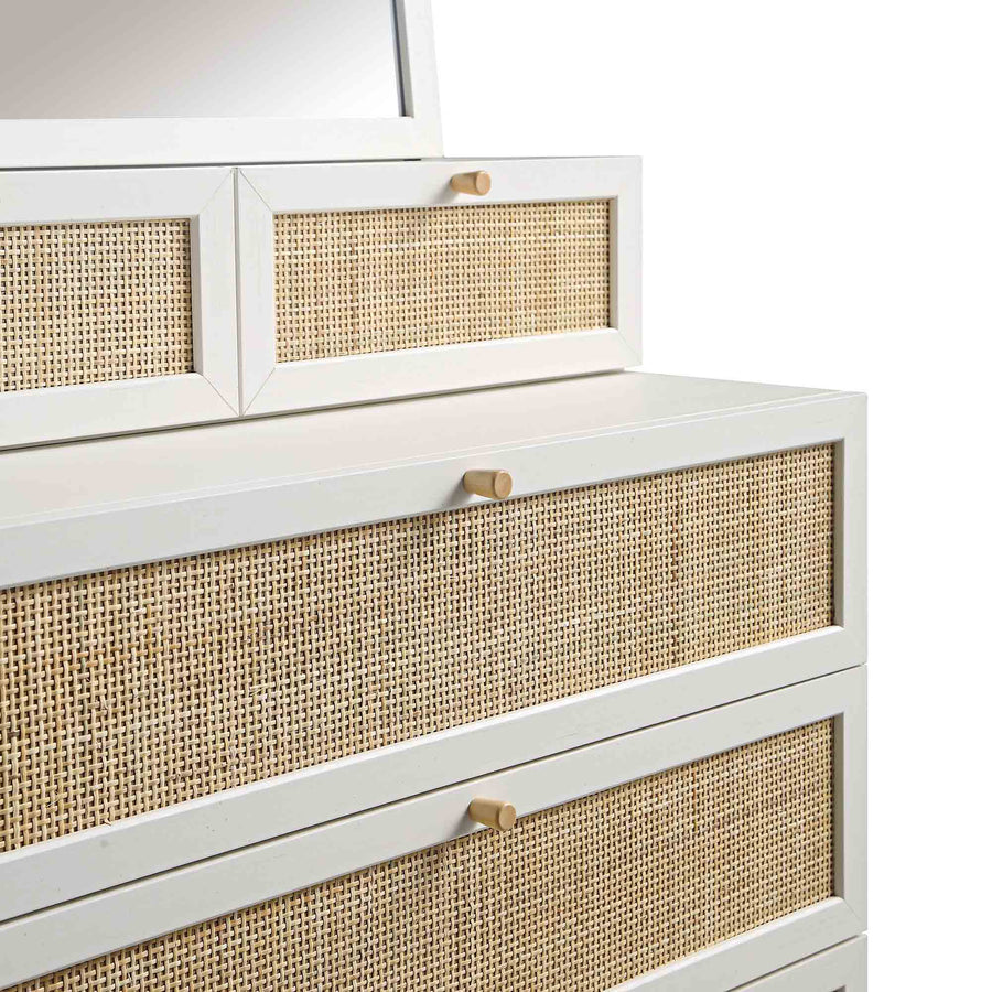 Frances Woven Rattan Tall Vanity Chest with Mirror, White