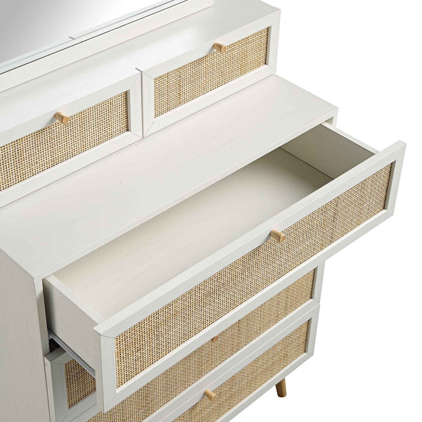 Frances Woven Rattan Tall Vanity Chest with Mirror, White