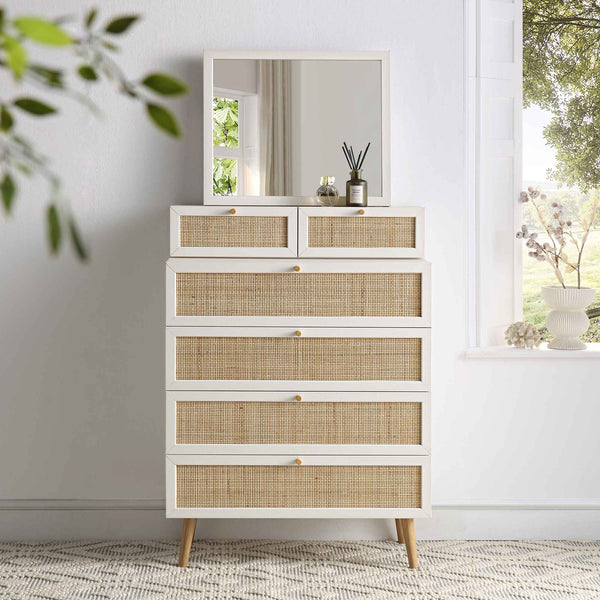 Frances Woven Rattan Tall Vanity Chest with Mirror, White