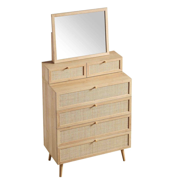 Frances Woven Rattan Tall Vanity Chest with Mirror, Natural