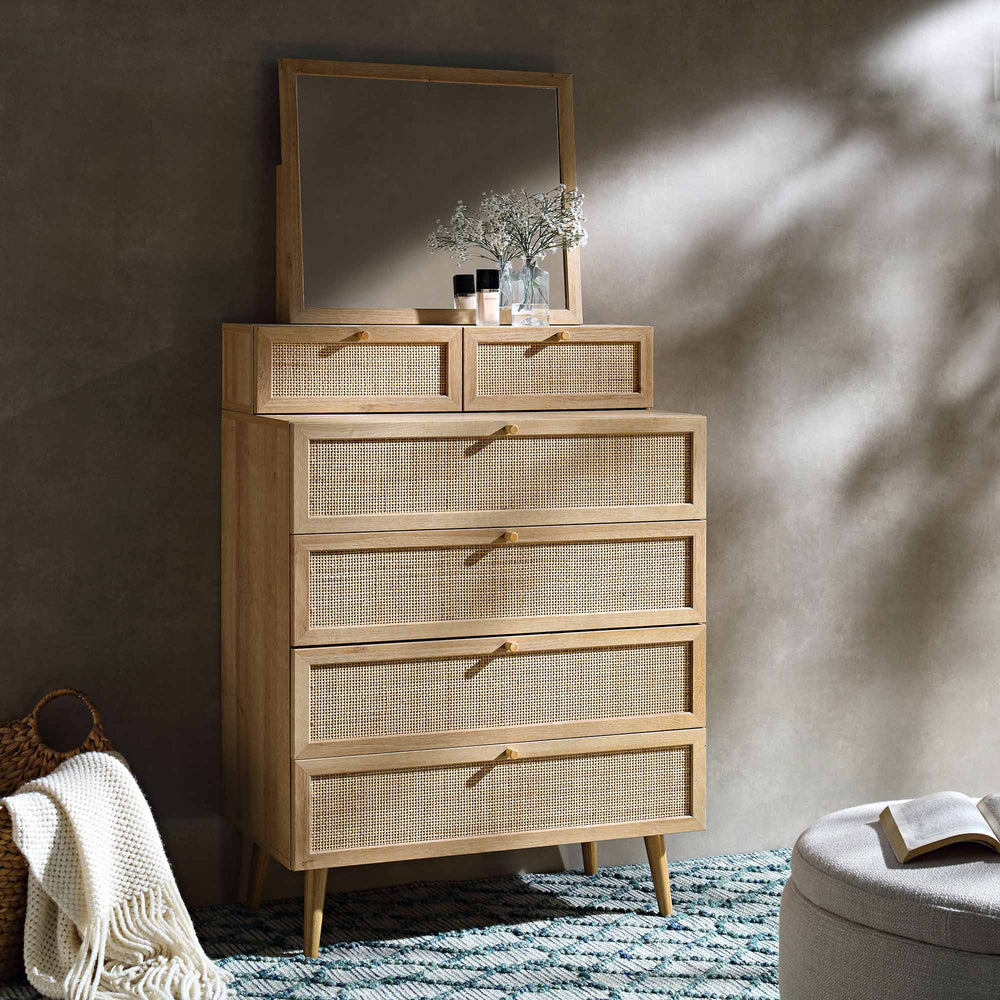 Frances Woven Rattan Tall Vanity Chest with Mirror, Natural | daals