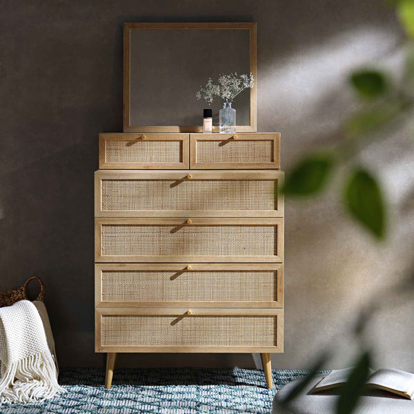 Frances Woven Rattan Tall Vanity Chest with Mirror, Natural