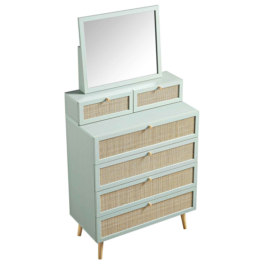 Frances Woven Rattan Tall Vanity Chest with Mirror, Mint | daals