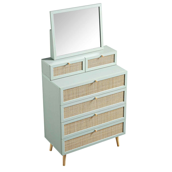 Frances Woven Rattan Tall Vanity Chest with Mirror, Mint