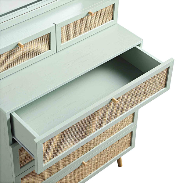 Frances Woven Rattan Tall Vanity Chest with Mirror, Mint