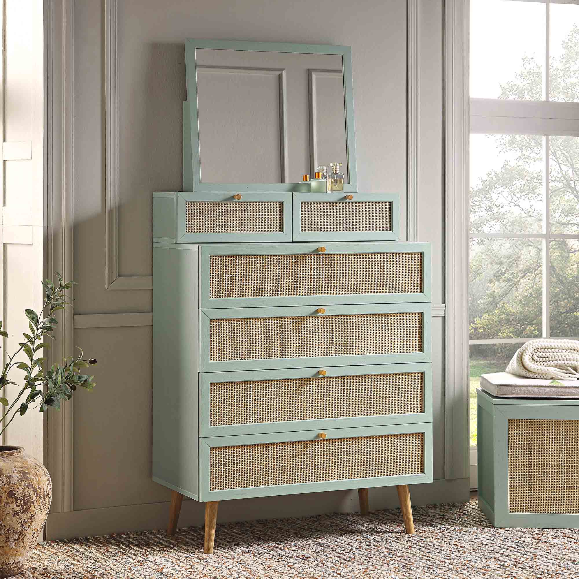 Vanity Bench Rattan Frances Woven Rattan Tall Vanity Chest with Mirror, Mint | daals