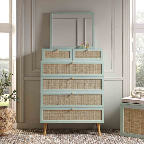 Frances Woven Rattan Tall Vanity Chest with Mirror, Mint