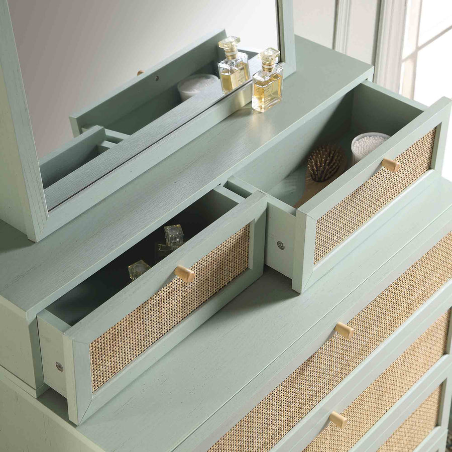 Frances Woven Rattan Tall Vanity Chest with Mirror, Mint