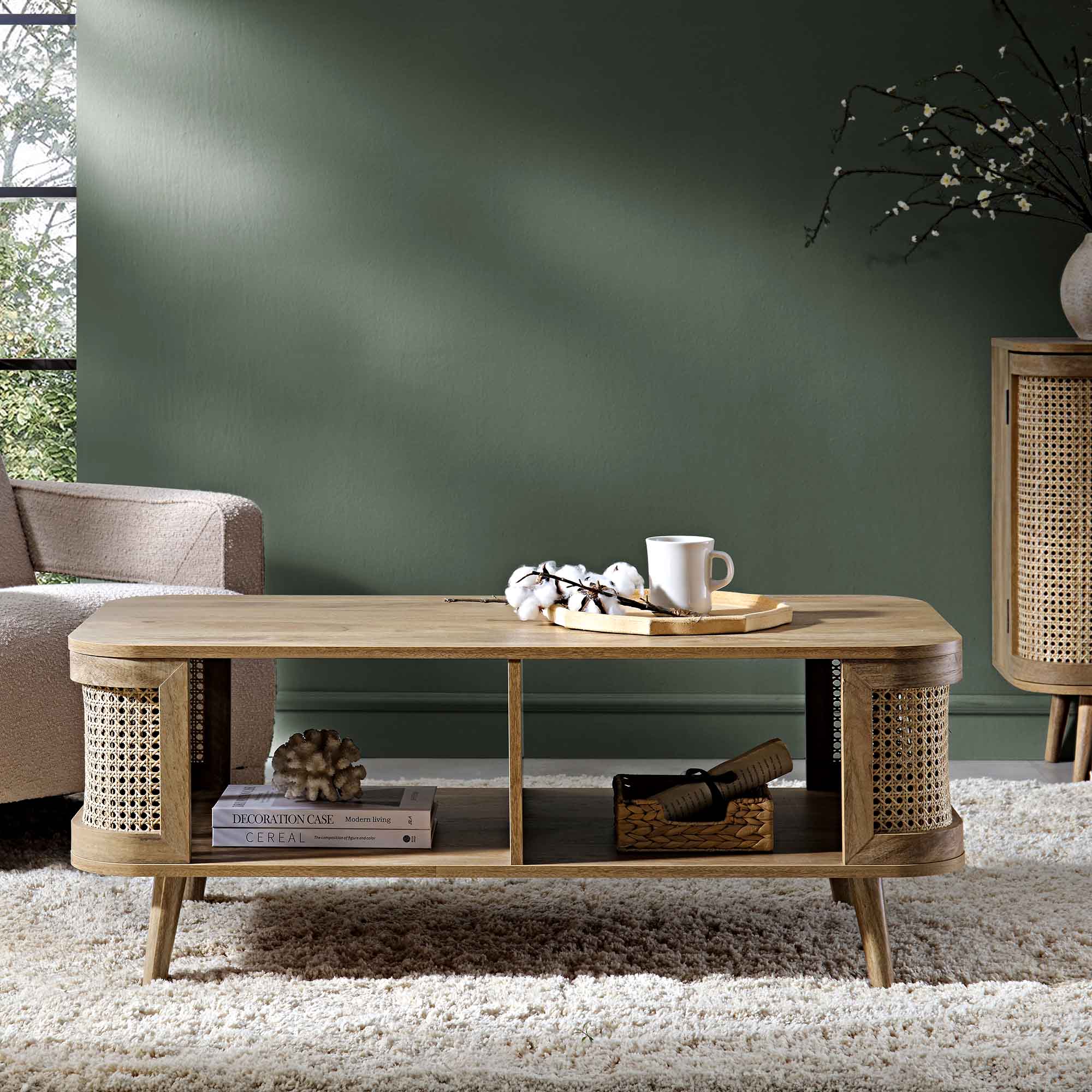 Izzy Curved Rattan Coffee Table, Natural