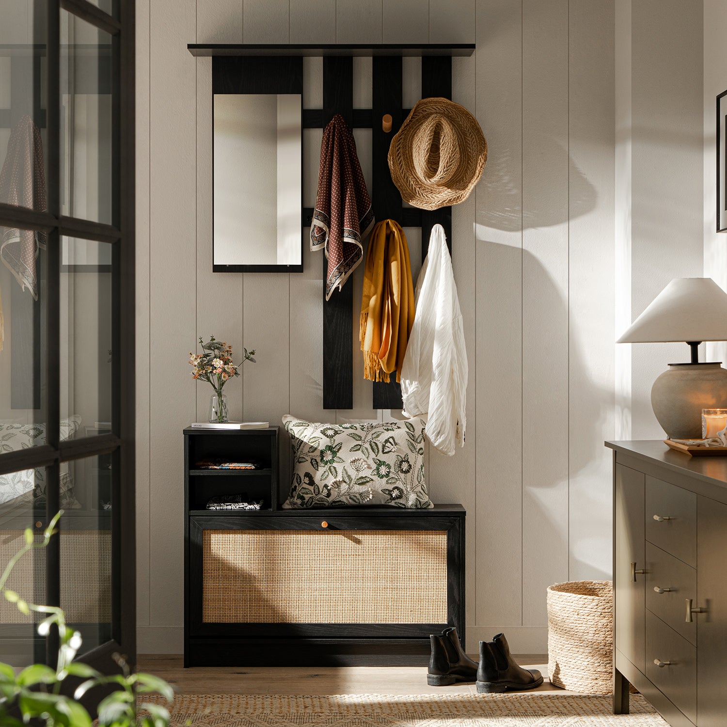 Frances Rattan Hallway Unit with Mirror, Black