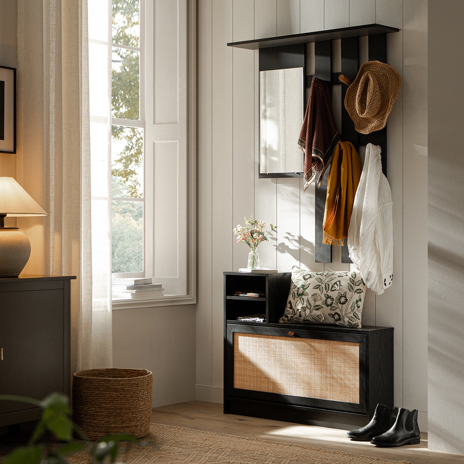 Frances Rattan Hallway Unit with Mirror, Black