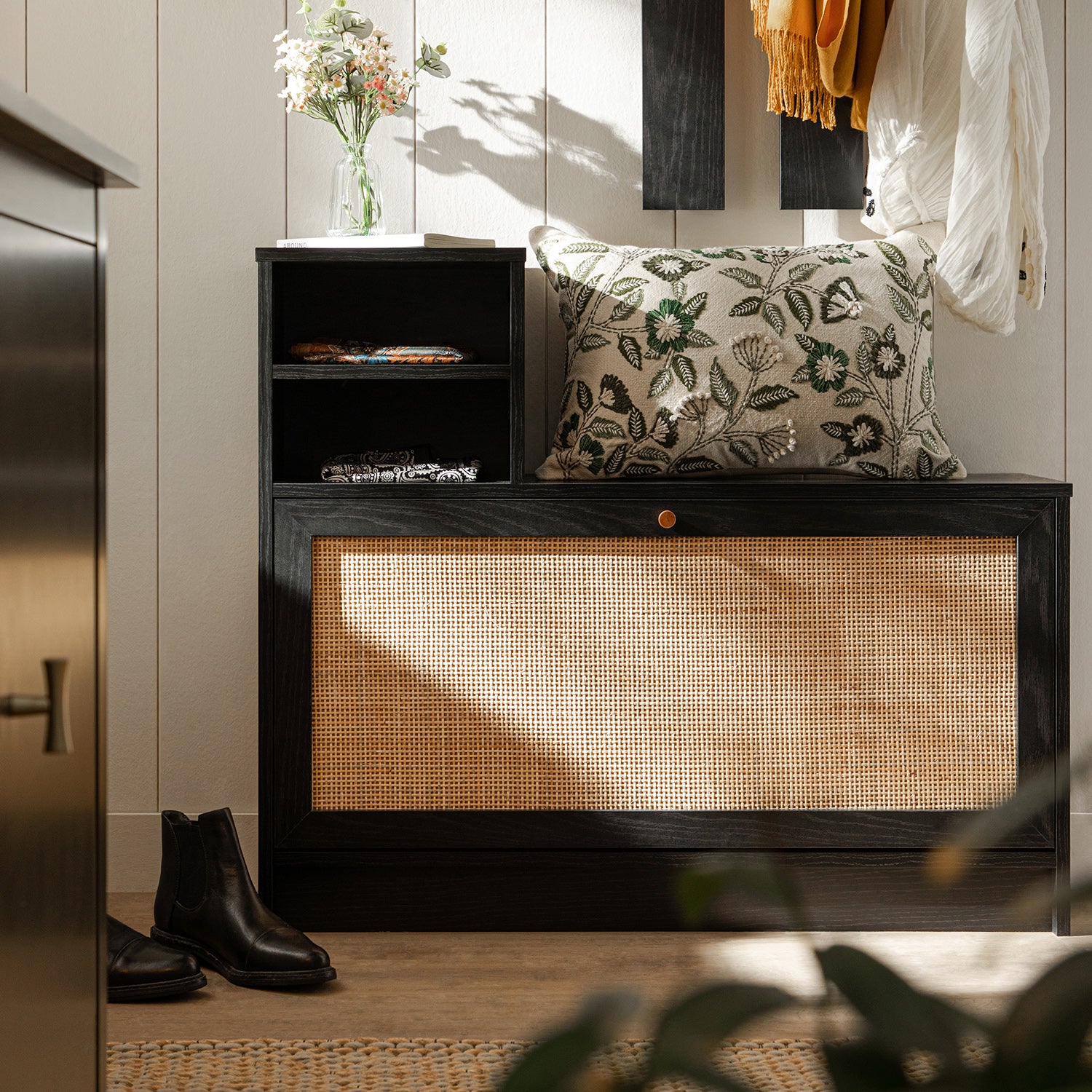 Frances Rattan Hallway Unit with Mirror, Black