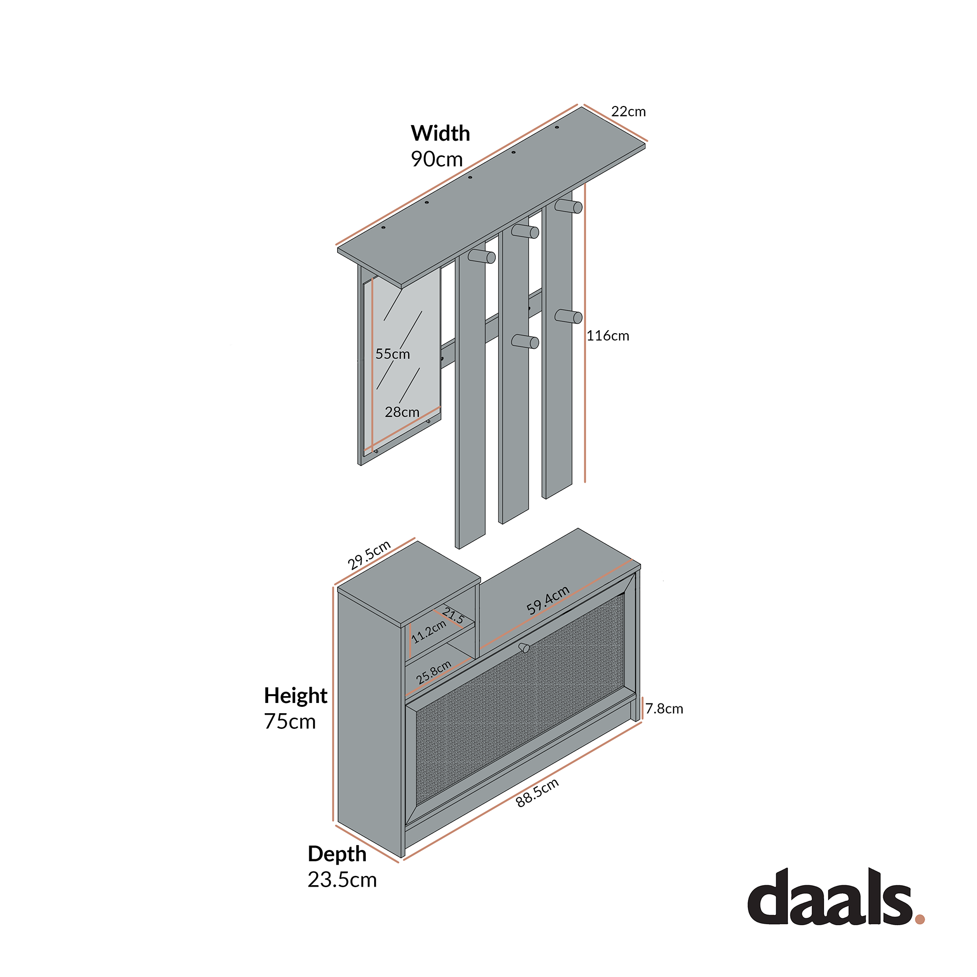 Frances Rattan Hallway Unit with Mirror, White