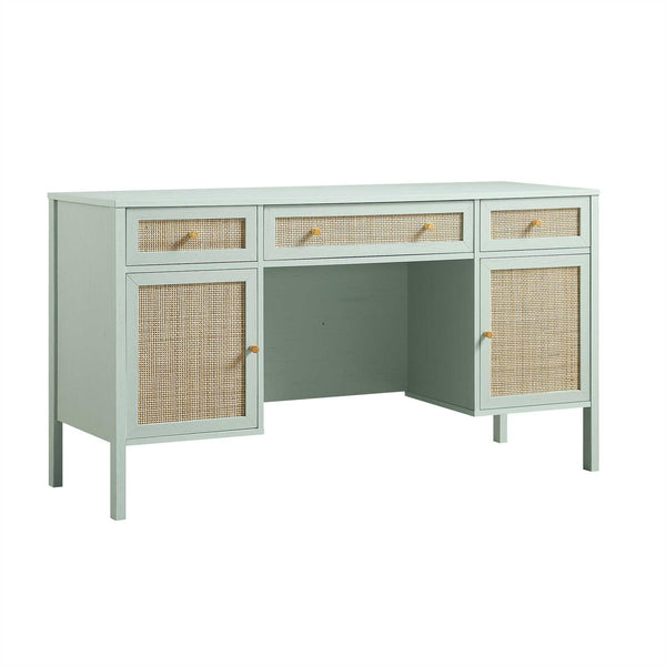 Frances Woven Rattan 3-Drawer Desk, Mint