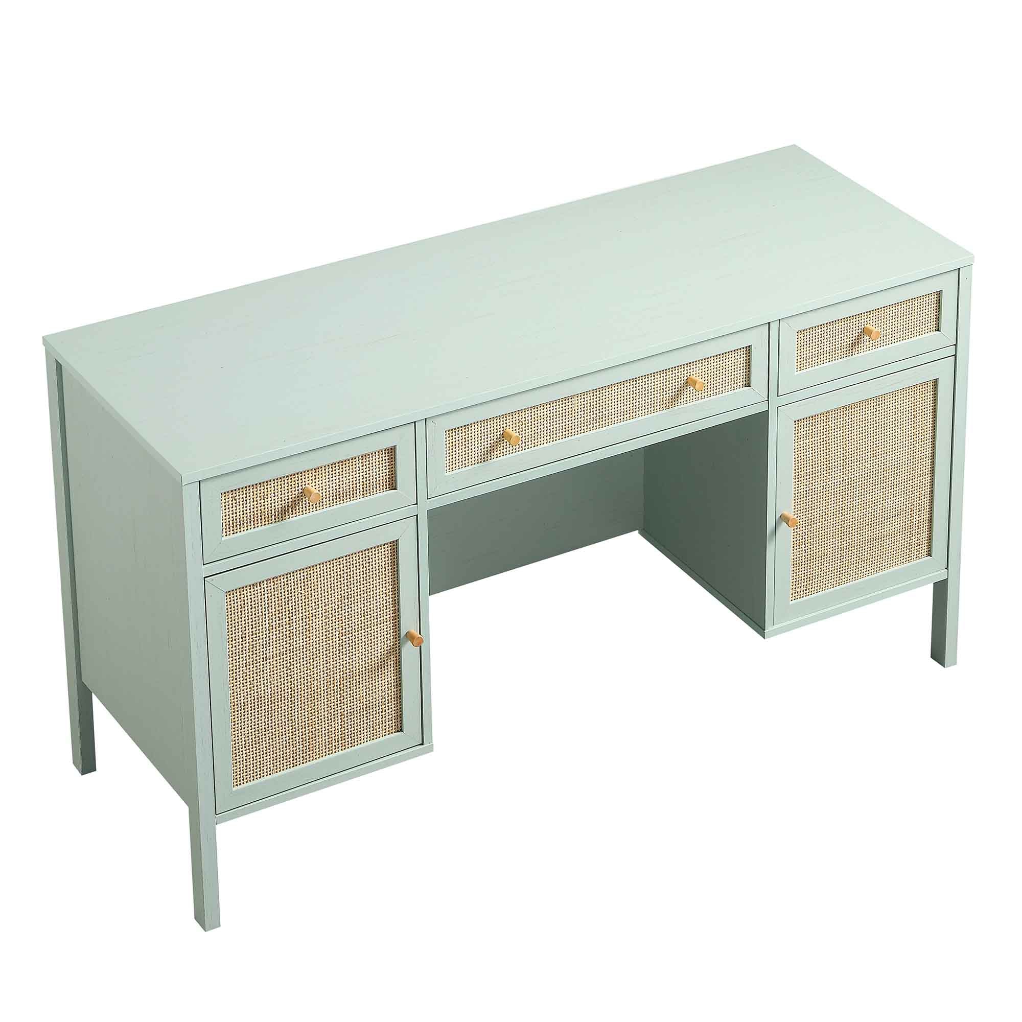 Frances Woven Rattan 3-Drawer Desk, Mint | daals