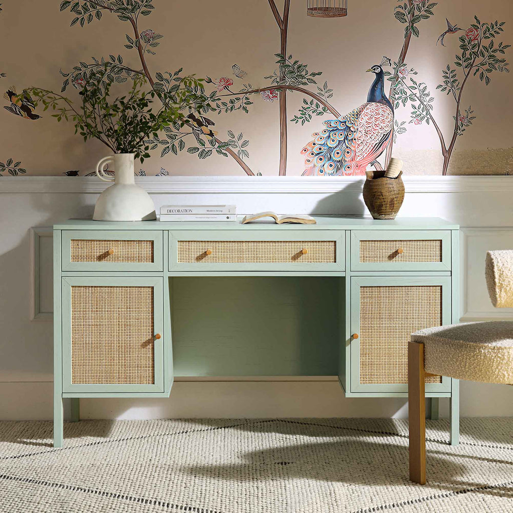Frances Woven Rattan 3-Drawer Desk, Mint | daals