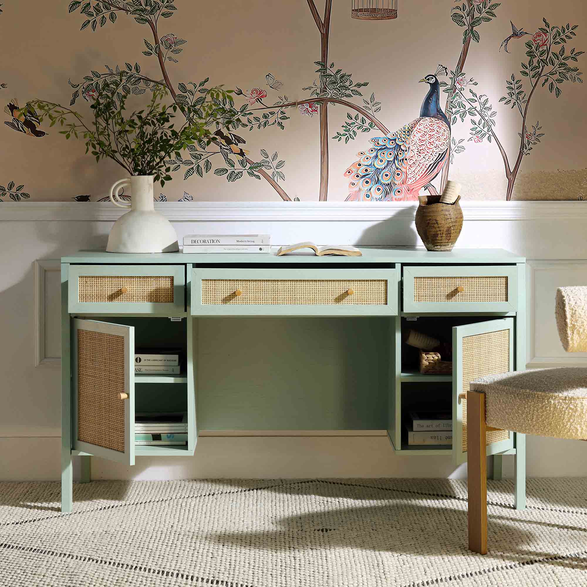 Frances Woven Rattan 3-Drawer Desk, Mint | daals