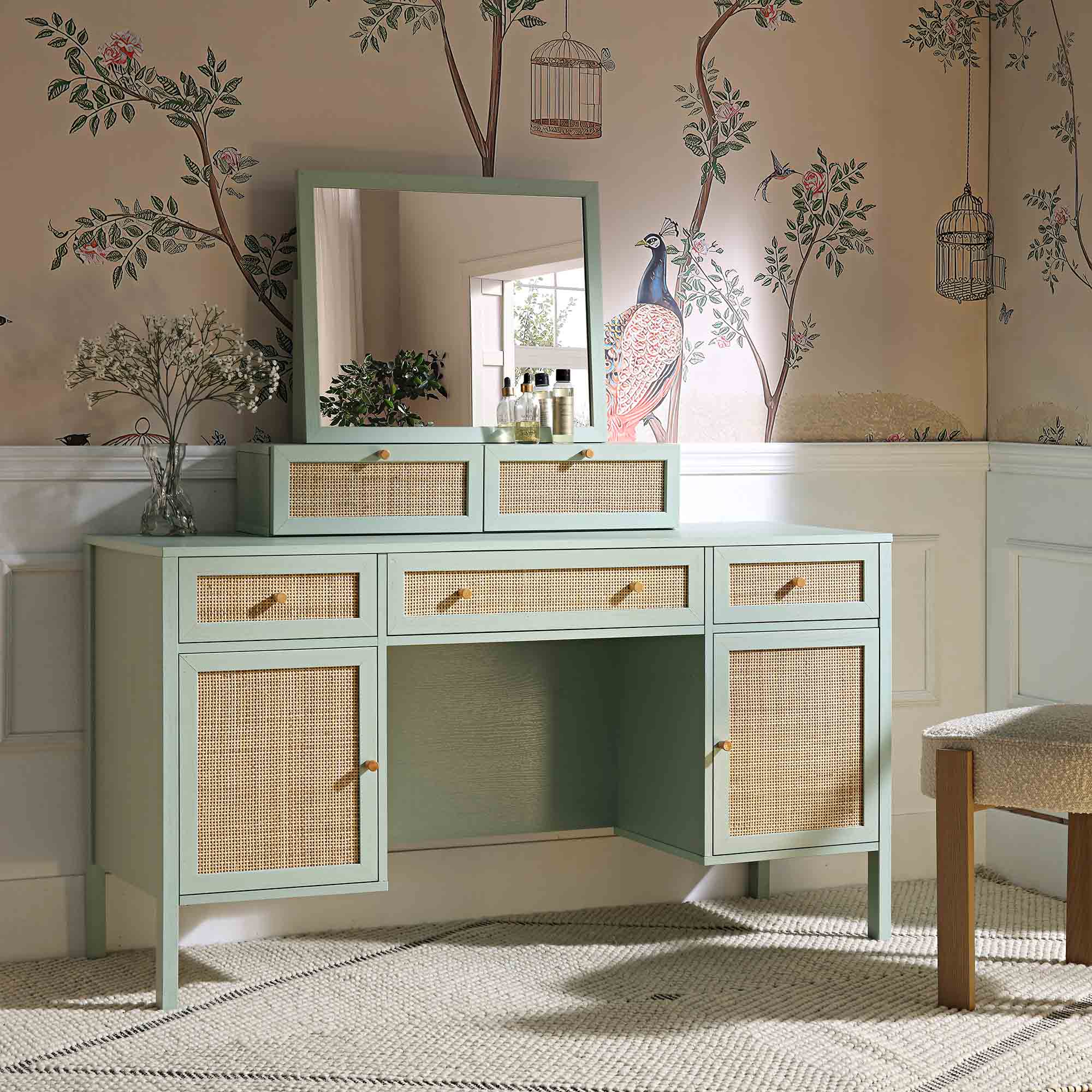 Frances Woven Rattan 3-Drawer Desk, Mint | daals