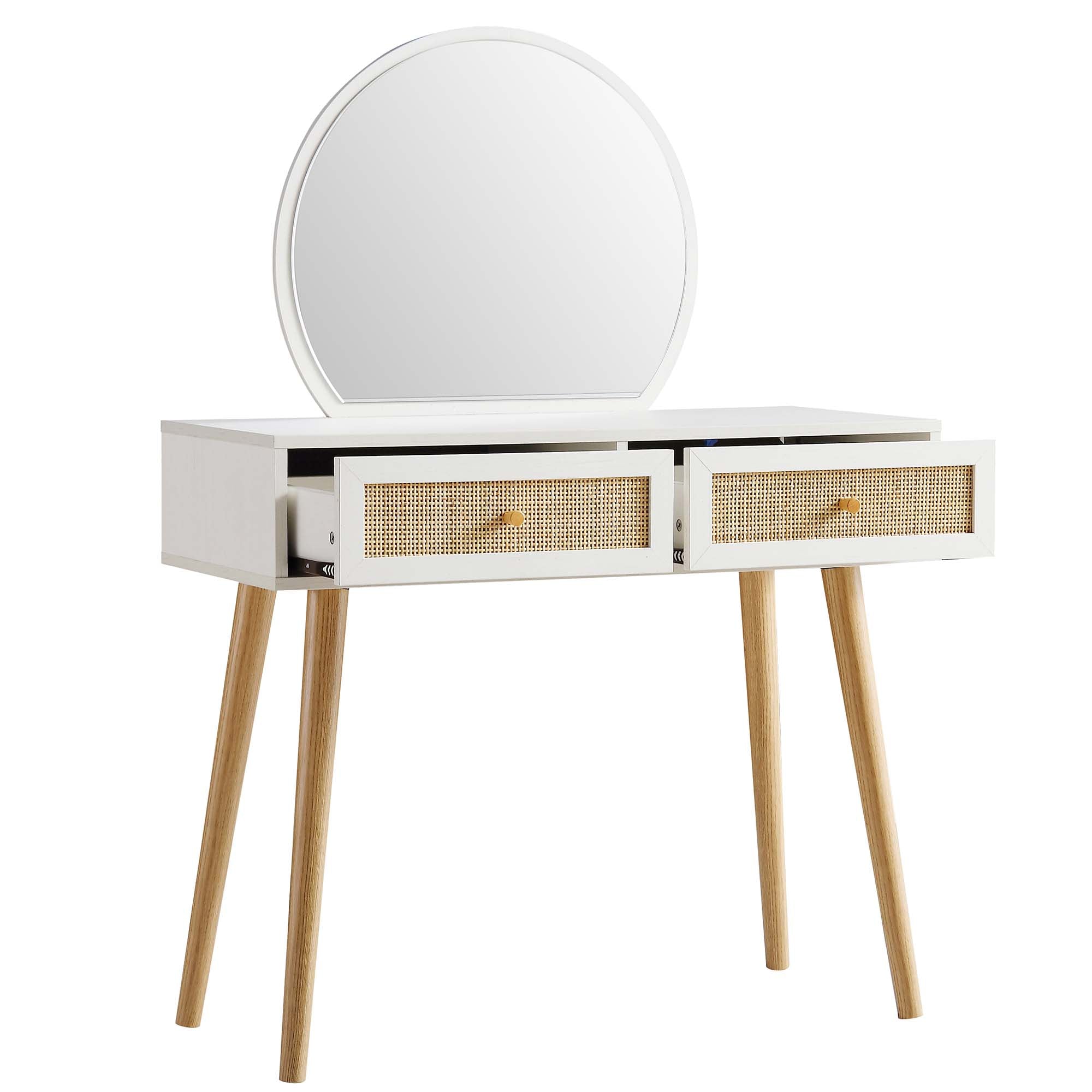 Compact Rattan Dressing Table Frances Woven Rattan Dressing Table with Mirror, White | daals