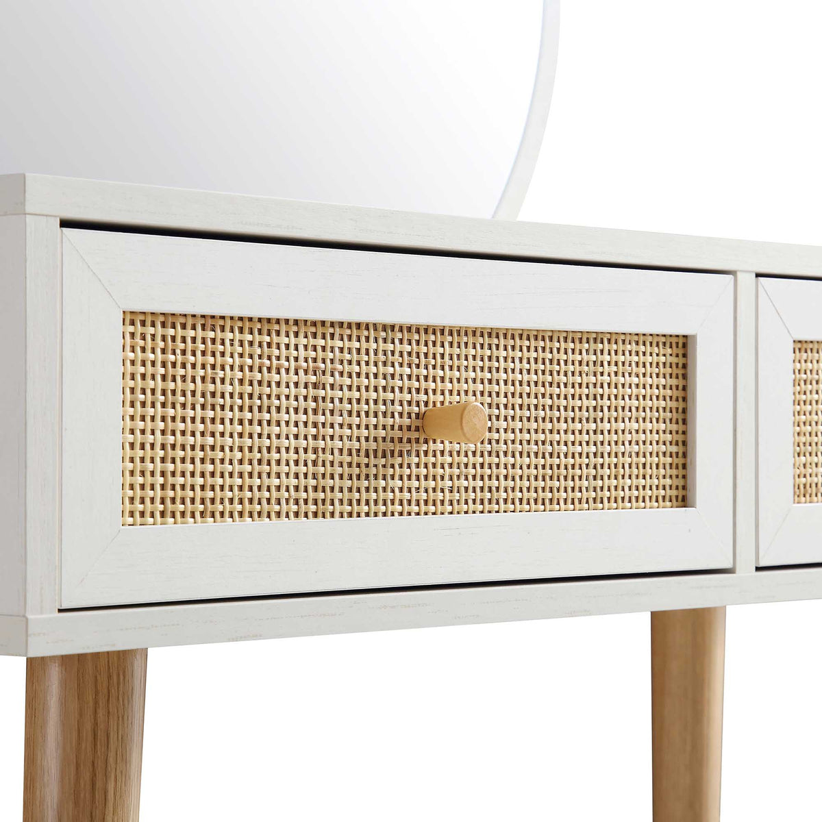 Compact Rattan Dressing Table Frances Woven Rattan Dressing Table with Mirror, White | daals