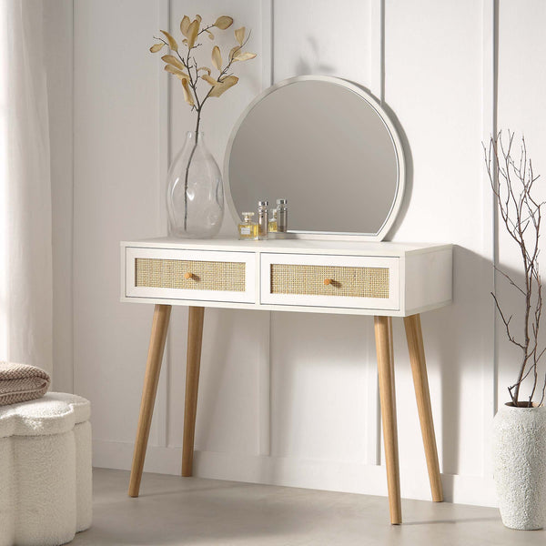 Frances Woven Rattan Dressing Table with Mirror, White