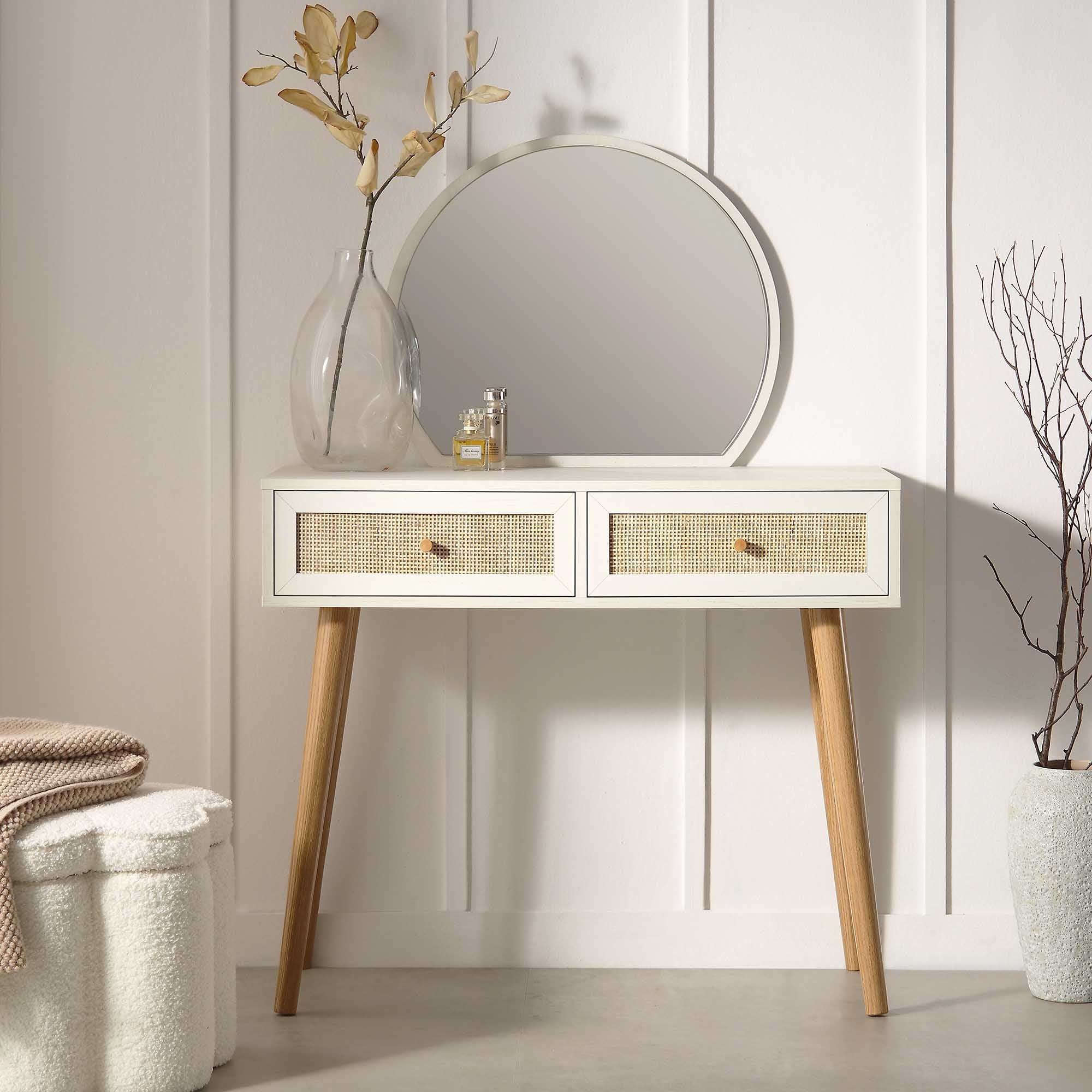 Compact Rattan Dressing Table Frances Woven Rattan Dressing Table with Mirror, White | daals