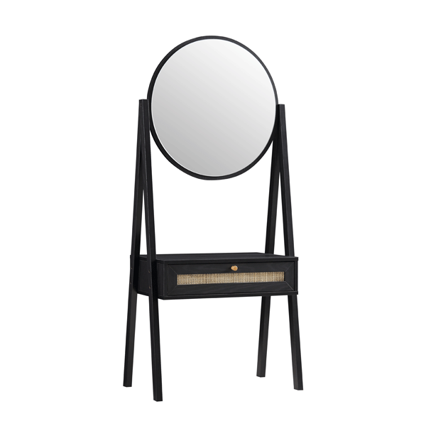 Frances Woven Rattan Standing Dressing Table with Mirror, Black - daals