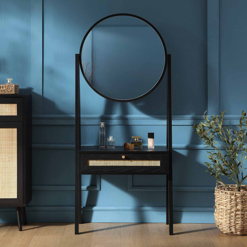 Frances Woven Rattan Standing Dressing Table with Mirror, Black