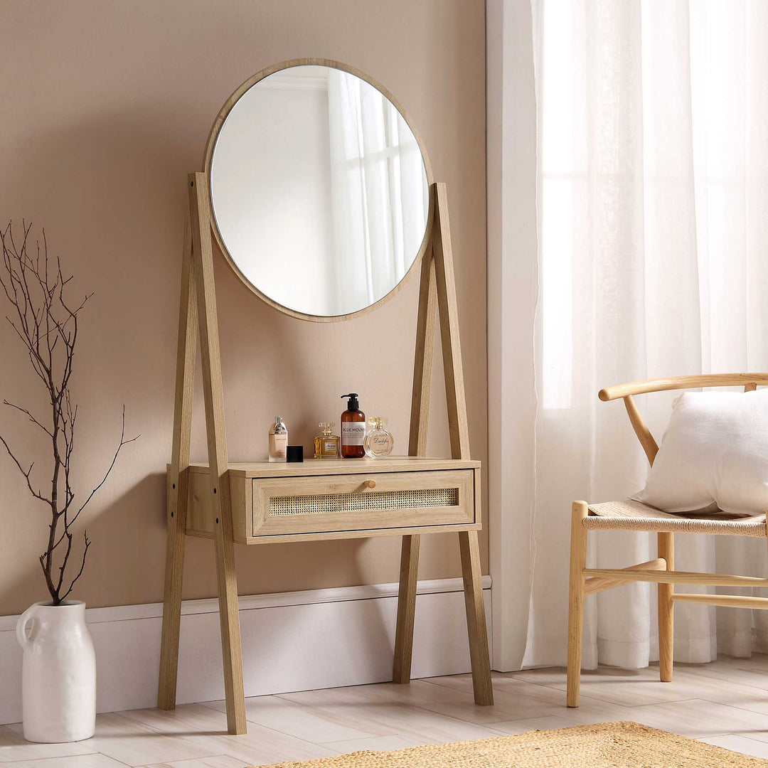 Compact Rattan Dressing Table Frances Woven Rattan Standing Dressing Table with Mirror, Natural | daals