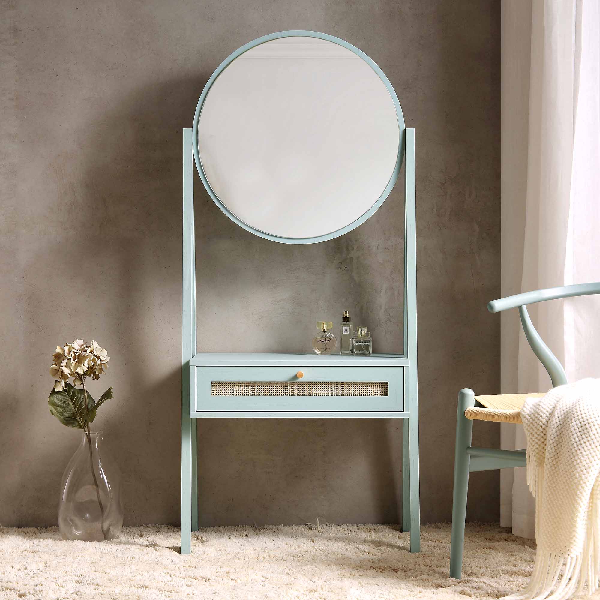 Frances Woven Rattan Standing Dressing Table with Mirror, Mint