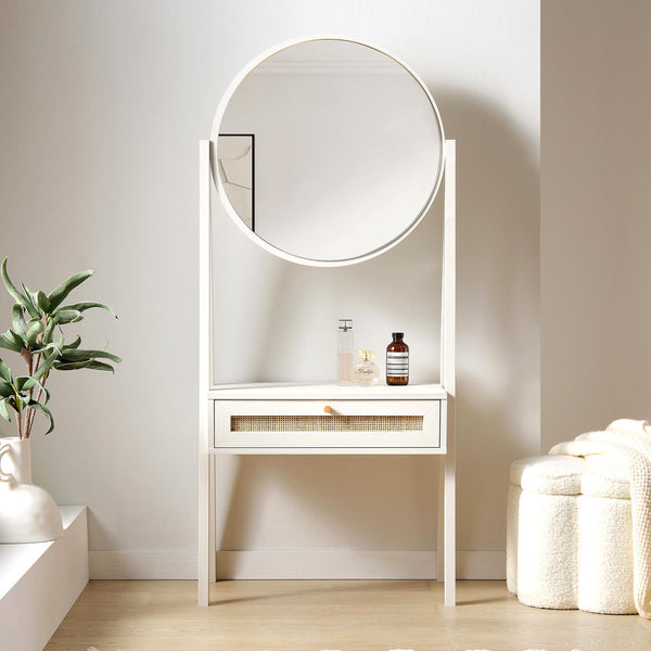 Frances Woven Rattan Standing Dressing Table with Mirror, White