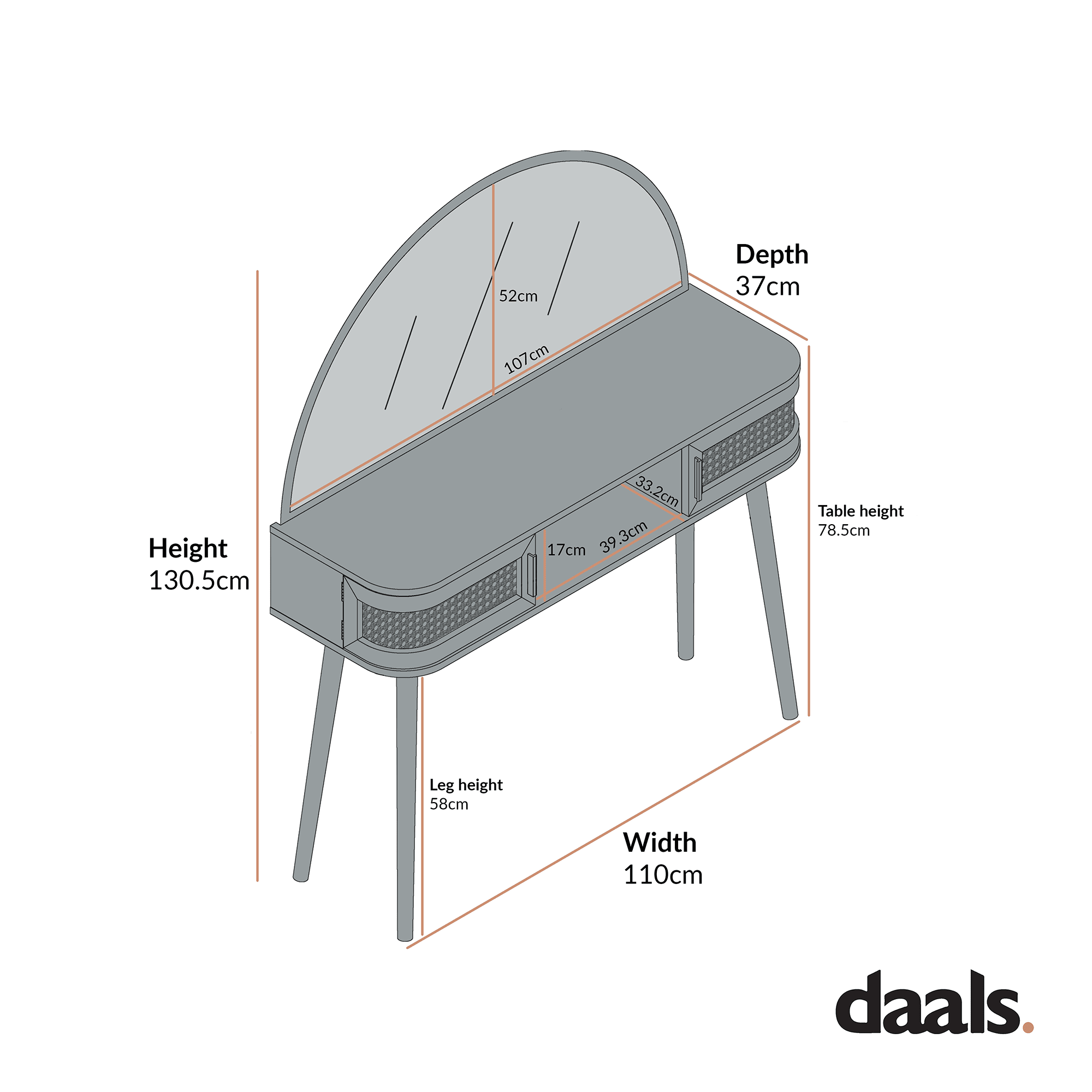 Izzy Curved Rattan Dressing Table, Walnut