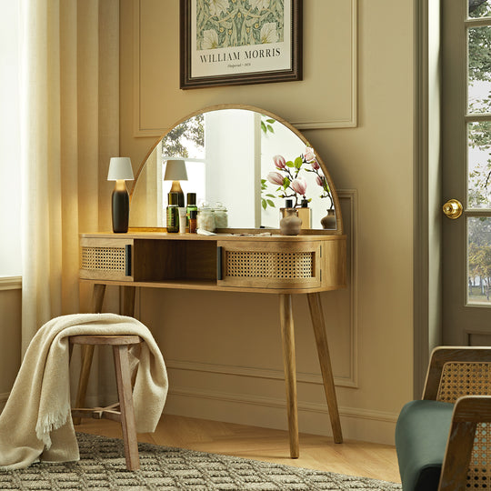Compact Rattan Dressing Table Izzy Curved Rattan Dressing Table, Natural | daals