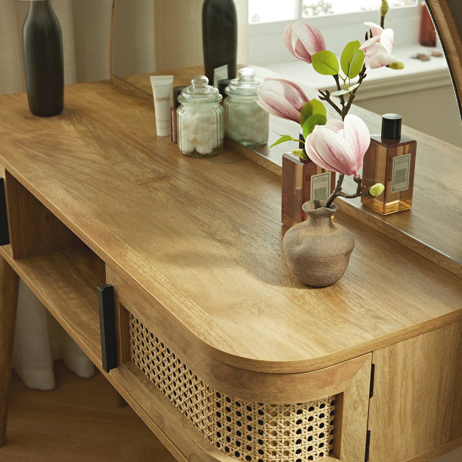 Compact Rattan Dressing Table Izzy Curved Rattan Dressing Table, Natural | daals