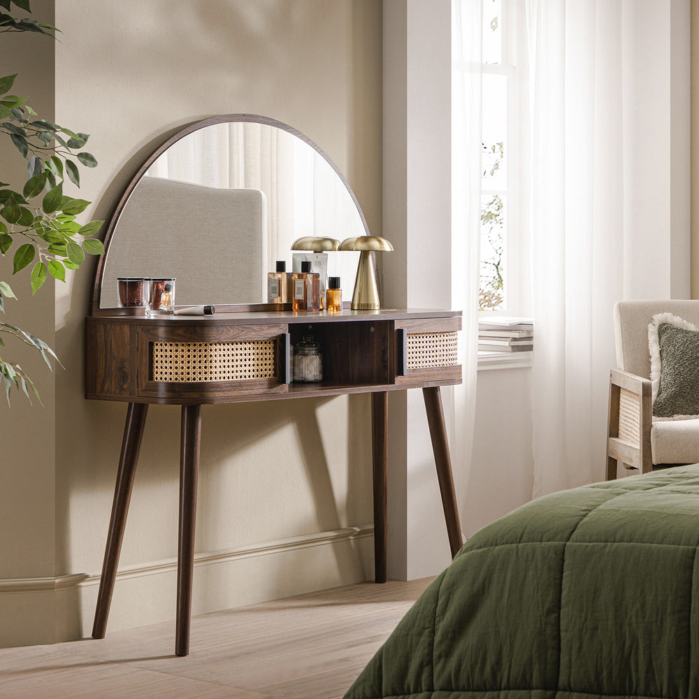 Compact Rattan Dressing Table Izzy Curved Rattan Dressing Table, Walnut | daals