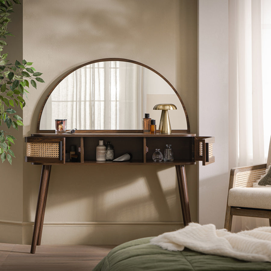Izzy Curved Rattan Dressing Table, Walnut