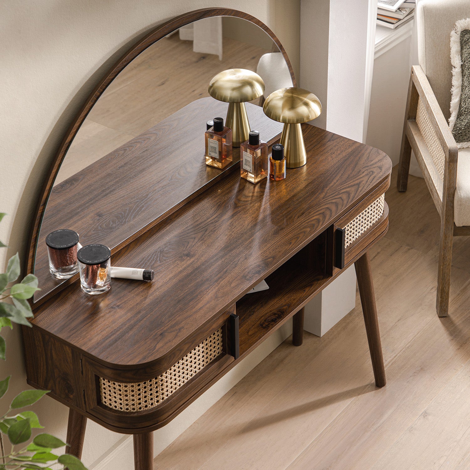 Compact Rattan Dressing Table Izzy Curved Rattan Dressing Table, Walnut | daals