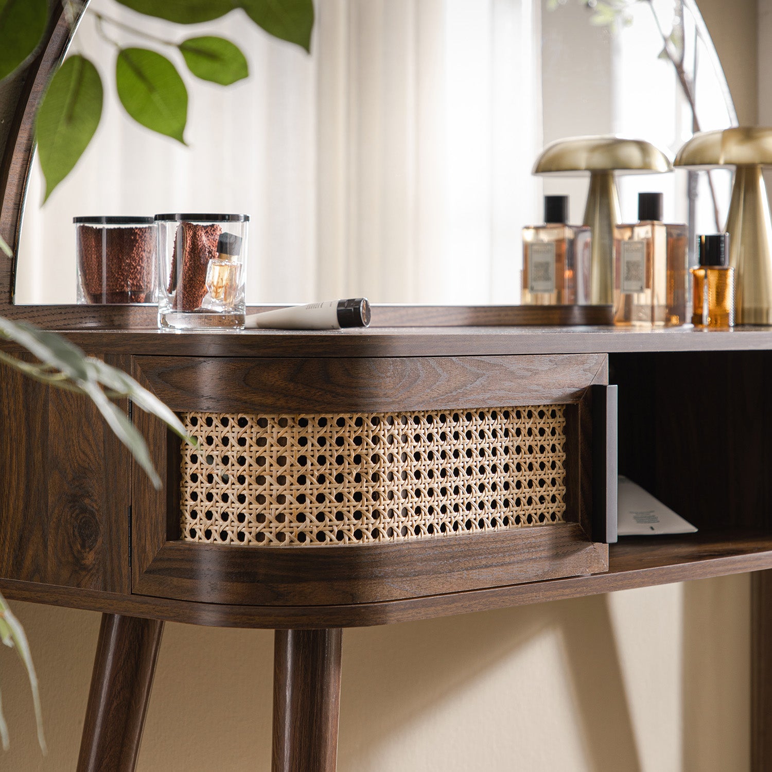 Compact Rattan Dressing Table Izzy Curved Rattan Dressing Table, Walnut | daals