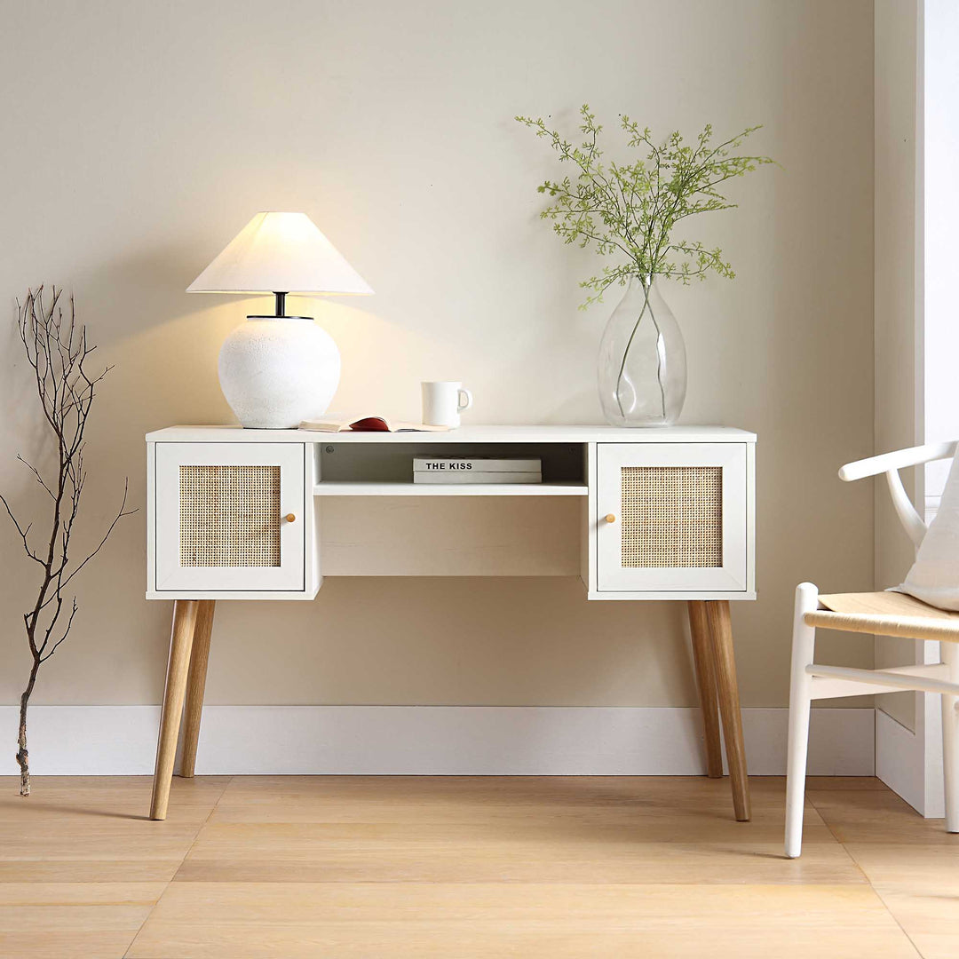 Frances Woven Rattan 2-Door Desk, White | daals