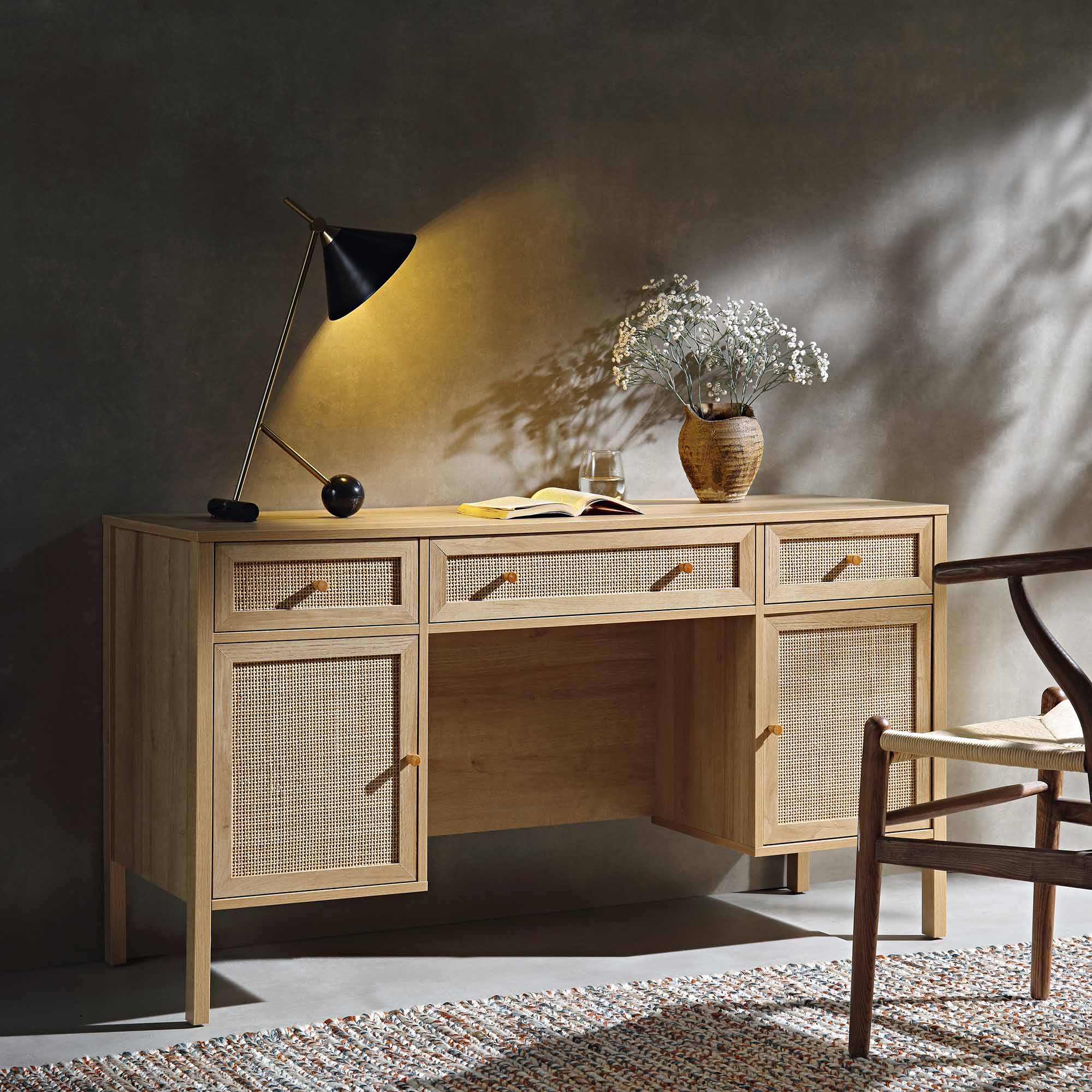 Frances Woven Rattan 3-Drawer Desk, Natural | daals
