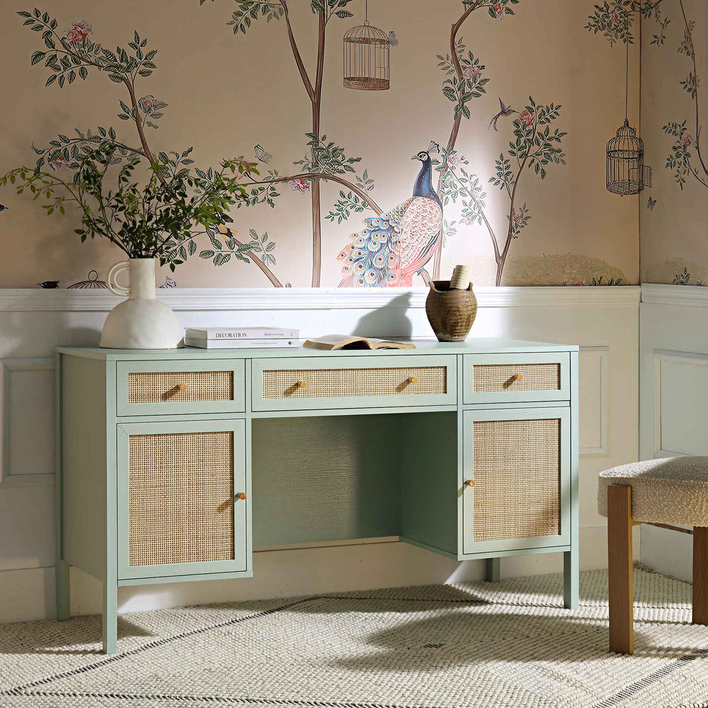 Frances Woven Rattan 3-Drawer Desk, Mint | daals