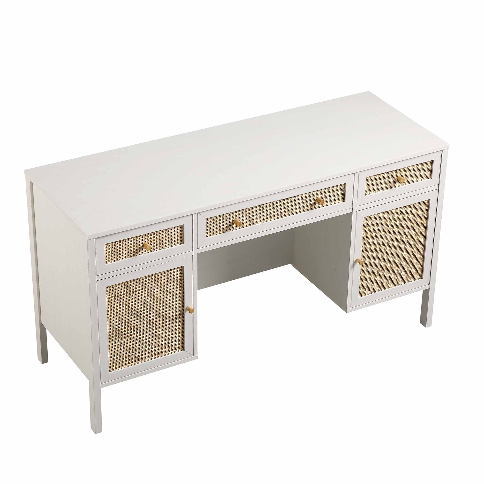 Frances Woven Rattan 3-Drawer Desk, White | daals