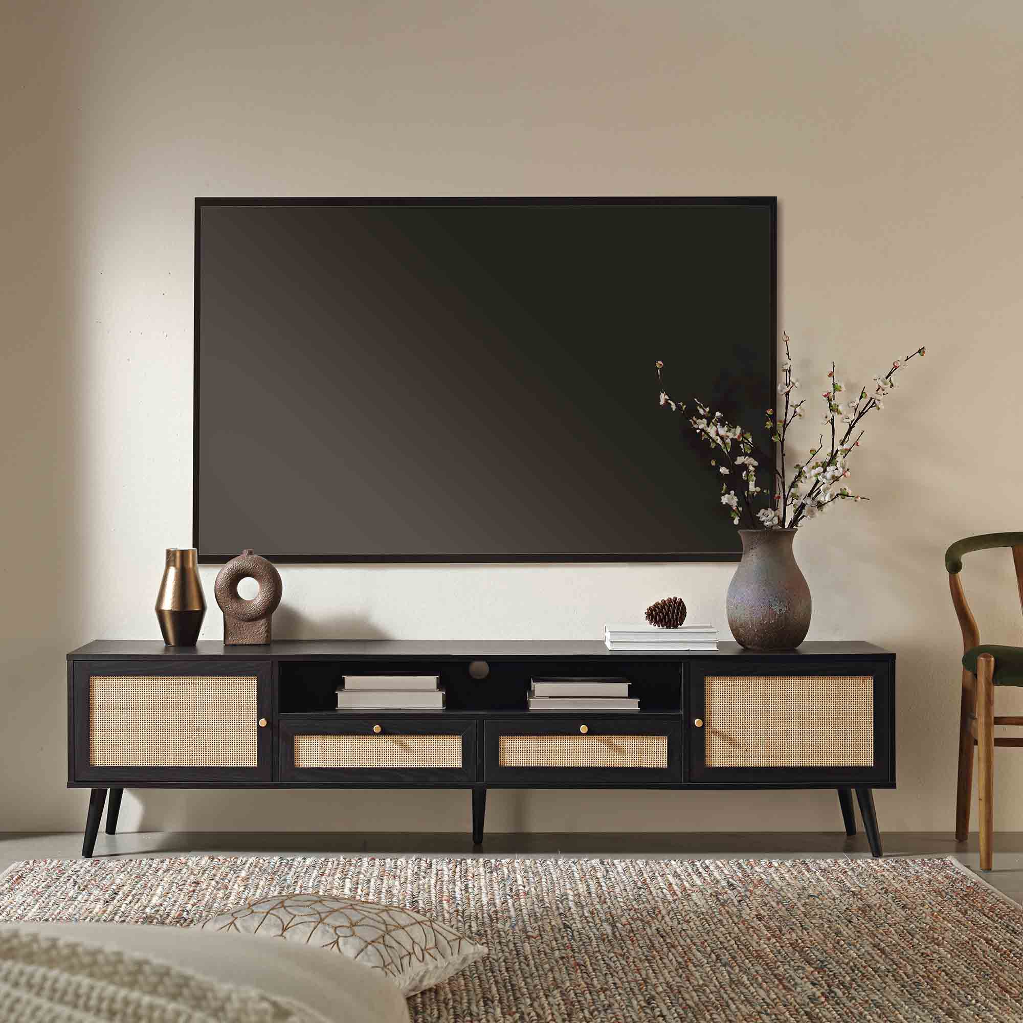 Frances Woven Rattan 200cm Wide TV Unit, Black | daals