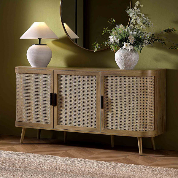 Izzy Curved Rattan Large 3-Door Sideboard, Natural