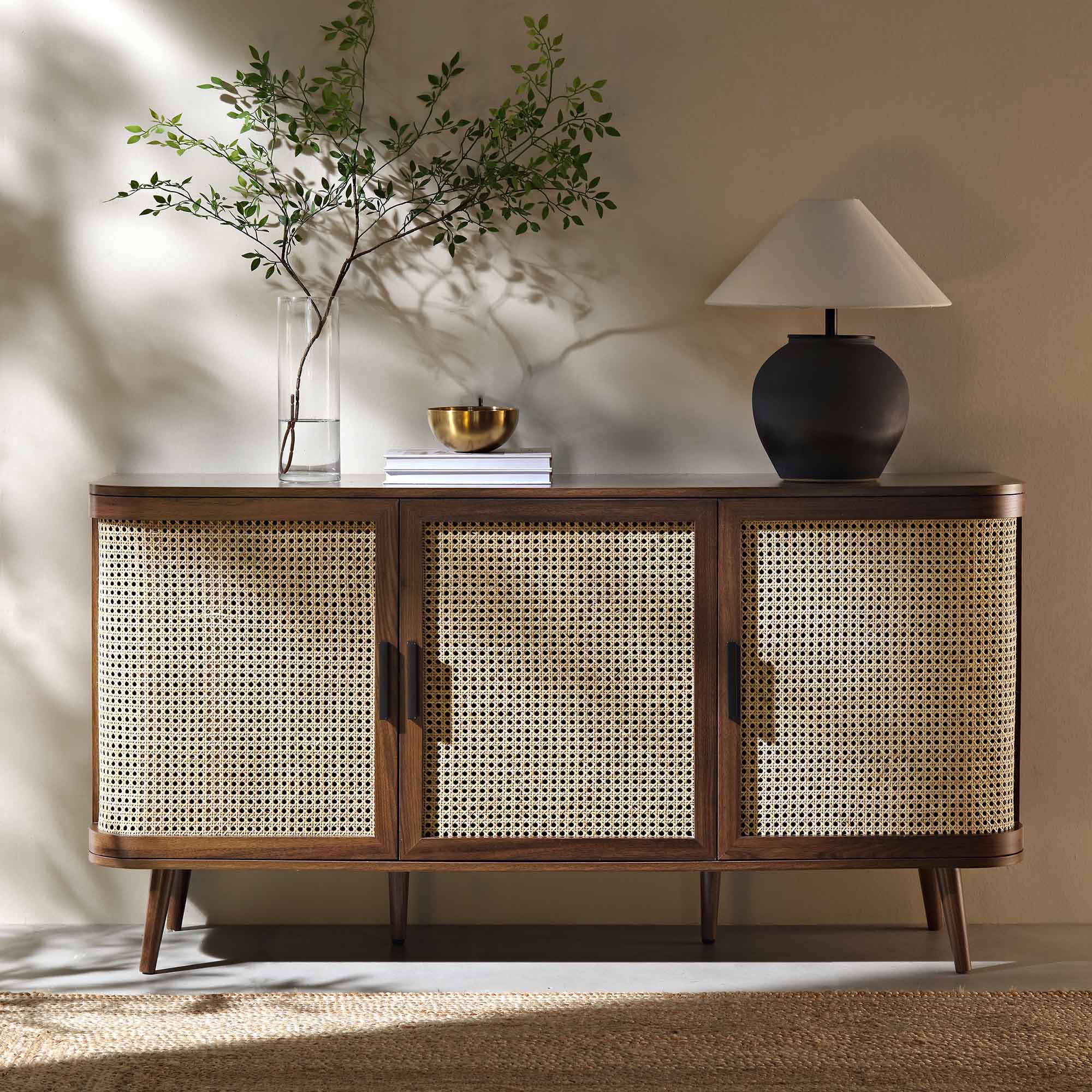 Lanut Rattan Izzy Curved Rattan Large 3-Door Sideboard, Walnut | daals