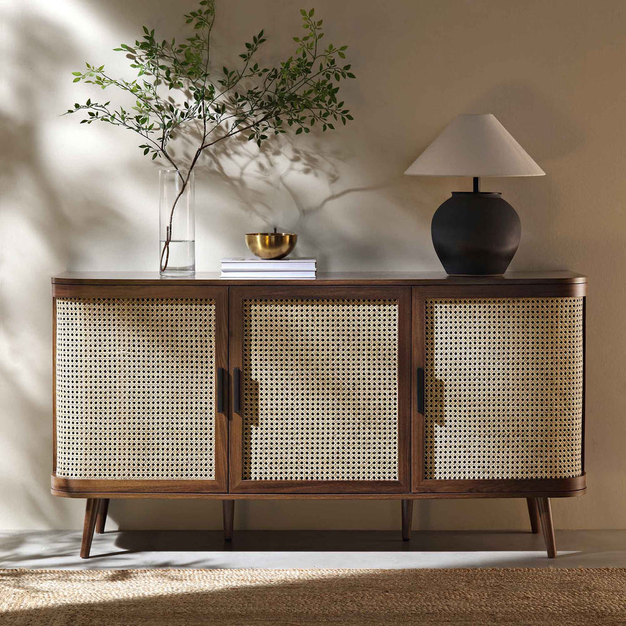 Izzy Curved Rattan Large 3-Door Sideboard, Walnut