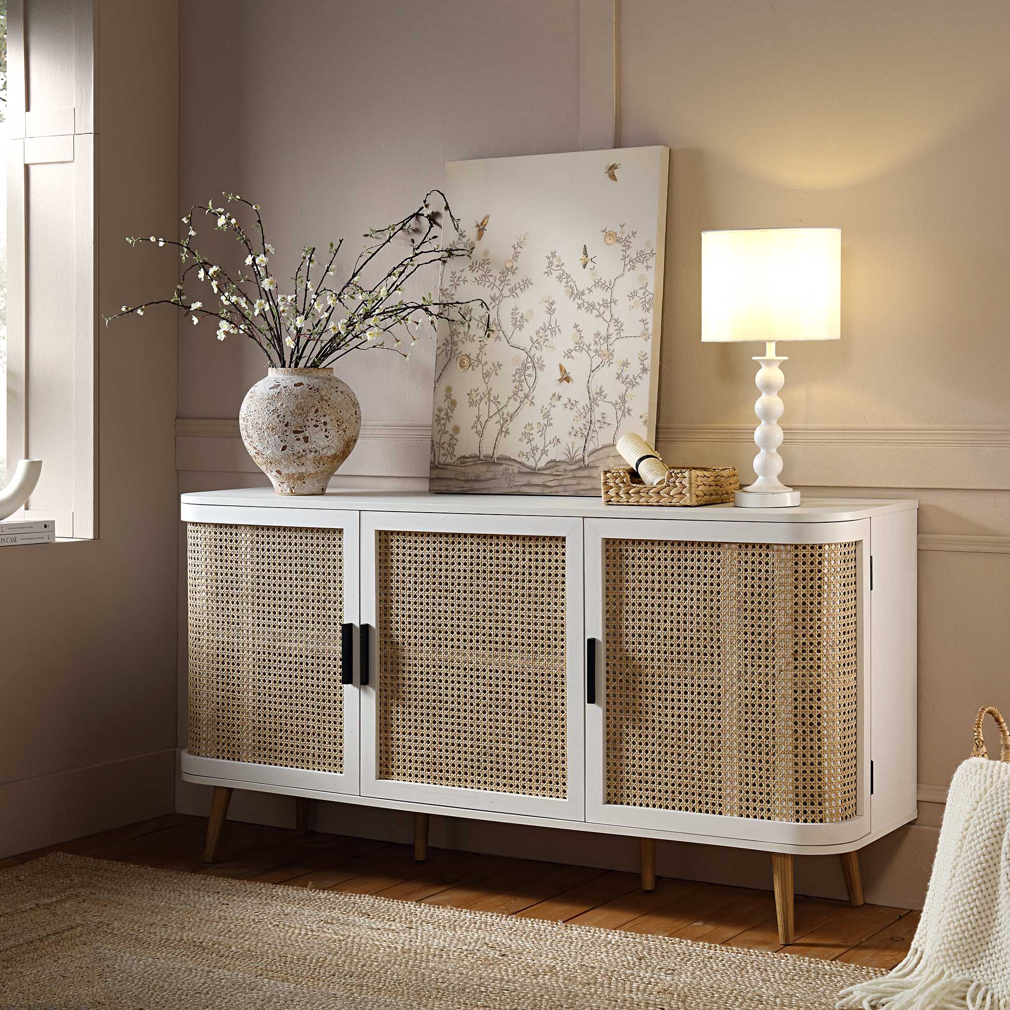Izzy Curved Rattan Large 3-Door Sideboard, White