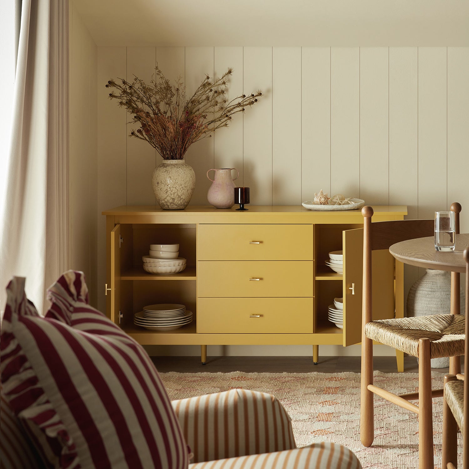 Oakham Wide Sideboard with Drawers, Rattan Yellow | daals