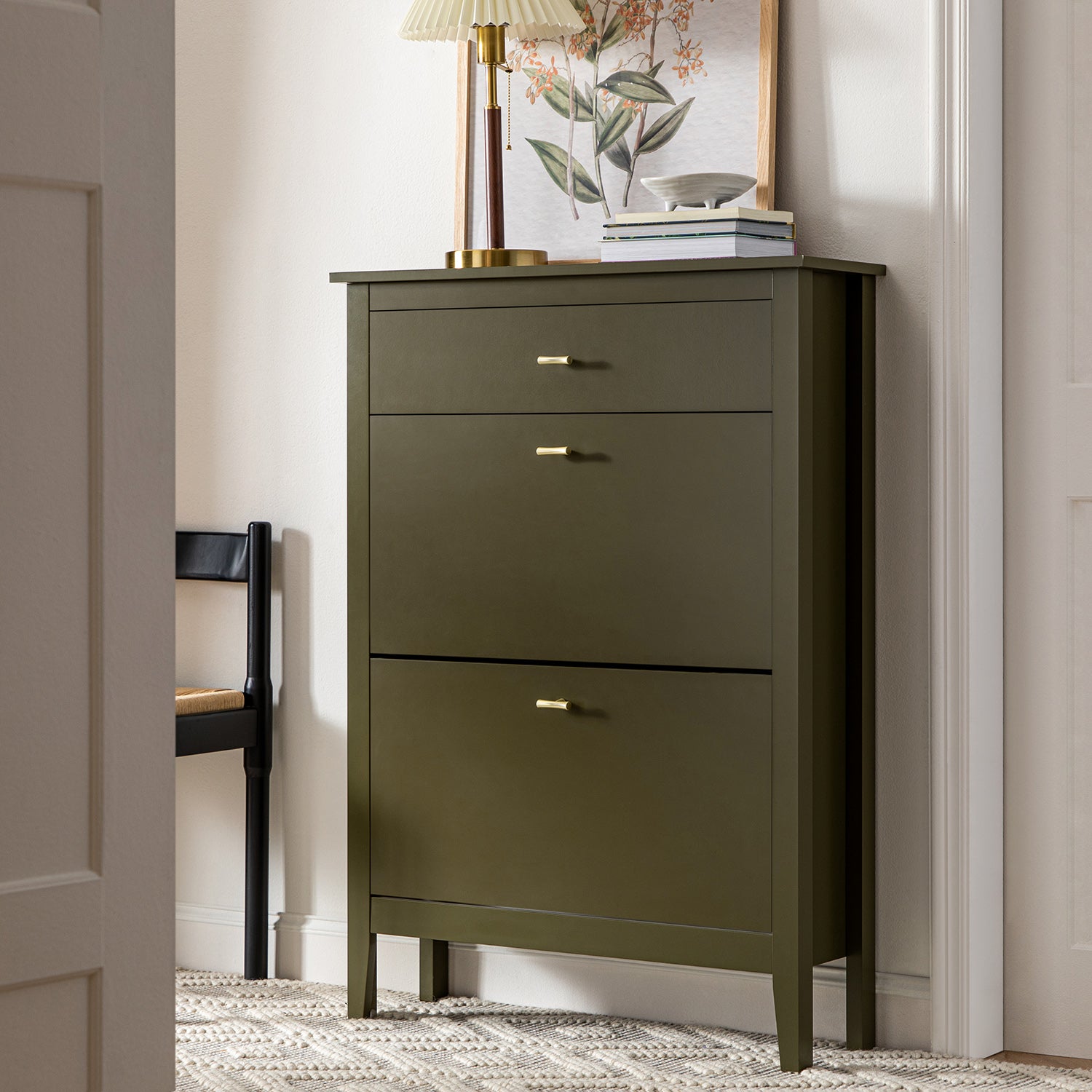 Oakham 2-Tier Shoe Cabinet with Top Drawer, Olive Grove